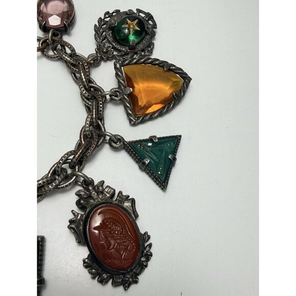 Vintage ArtDeco Czech Carved Art Glass Charm Bracelet Multicolor Circa 30s Rare - Picture 9 of 13
